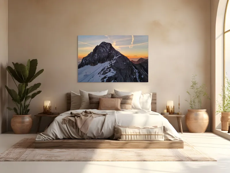 Tablou Canvas, "Vârf stâncos la apus splendid", Munte, Apus, Zăpadă, Cer, Nor, Siluetă, Cărare, Crepuscul, Contrast, Vârf, 150 x 100 cm – poza 4