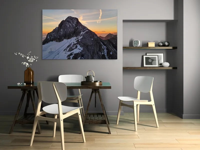 Tablou Canvas, "Vârf stâncos la apus splendid", Munte, Apus, Zăpadă, Cer, Nor, Siluetă, Cărare, Crepuscul, Contrast, Vârf, 150 x 100 cm – poza 5