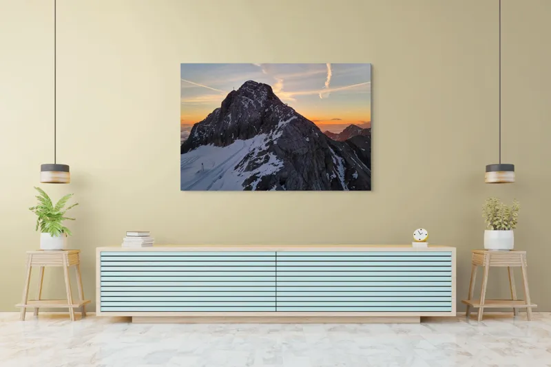 Tablou Canvas, "Vârf stâncos la apus splendid", Munte, Apus, Zăpadă, Cer, Nor, Siluetă, Cărare, Crepuscul, Contrast, Vârf, 150 x 100 cm – poza 6