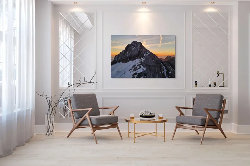 Tablou Canvas, "Vârf stâncos la apus splendid", Munte, Apus, Zăpadă, Cer, Nor, Siluetă, Cărare, Crepuscul, Contrast, Vârf, 150 x 100 cm – poza 7