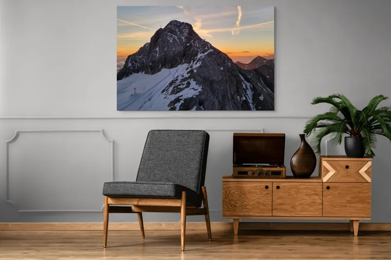 Tablou Canvas, "Vârf stâncos la apus splendid", Munte, Apus, Zăpadă, Cer, Nor, Siluetă, Cărare, Crepuscul, Contrast, Vârf, 150 x 100 cm – poza 8