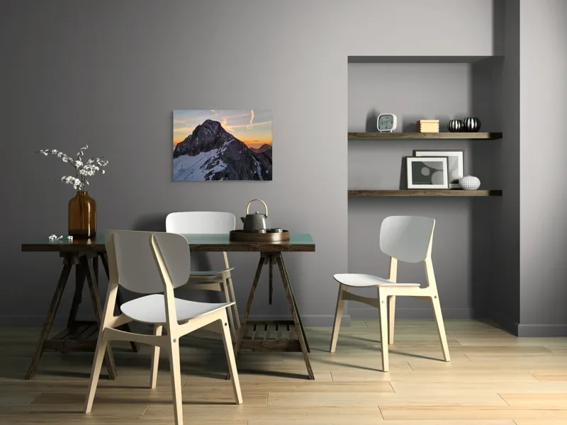 Tablou Canvas, "Vârf stâncos la apus splendid", Munte, Apus, Zăpadă, Cer, Nor, Siluetă, Cărare, Crepuscul, Contrast, Vârf, 70 x 50 cm – poza 5