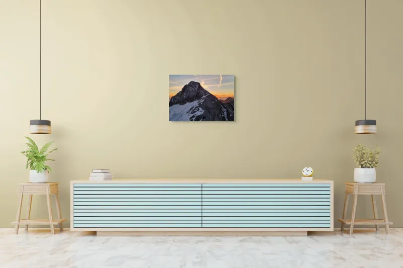 Tablou Canvas, "Vârf stâncos la apus splendid", Munte, Apus, Zăpadă, Cer, Nor, Siluetă, Cărare, Crepuscul, Contrast, Vârf, 70 x 50 cm – poza 7
