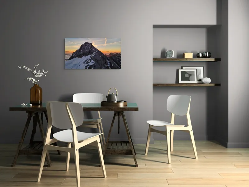 Tablou Canvas, "Vârf stâncos la apus splendid", Munte, Apus, Zăpadă, Cer, Nor, Siluetă, Cărare, Crepuscul, Contrast, Vârf, 90 x 50 cm – poza 3