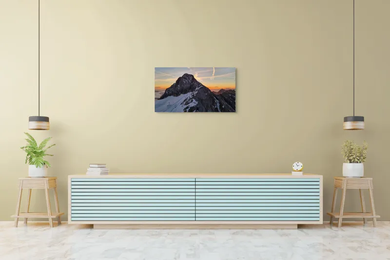 Tablou Canvas, "Vârf stâncos la apus splendid", Munte, Apus, Zăpadă, Cer, Nor, Siluetă, Cărare, Crepuscul, Contrast, Vârf, 90 x 50 cm – poza 5