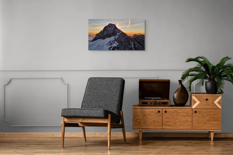 Tablou Canvas, "Vârf stâncos la apus splendid", Munte, Apus, Zăpadă, Cer, Nor, Siluetă, Cărare, Crepuscul, Contrast, Vârf, 90 x 50 cm – poza 6
