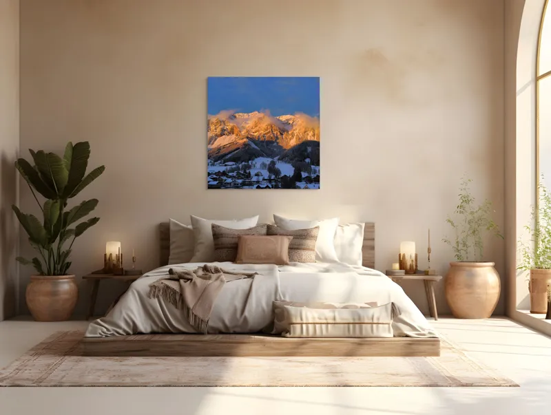 Tablou Canvas, "Munți aurii la apus de soare", Munte, Zăpadă, Apus, Nori, Case, Pădure, Peisaj., 100 x 100 cm – poza 4
