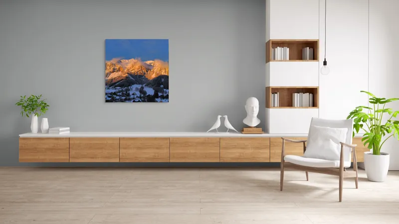 Tablou Canvas, "Munți aurii la apus de soare", Munte, Zăpadă, Apus, Nori, Case, Pădure, Peisaj., 100 x 100 cm – poza 8