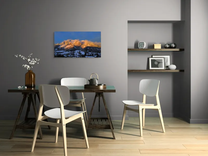 Tablou Canvas, "Munți aurii la apus de soare", Munte, Zăpadă, Apus, Nori, Case, Pădure, Peisaj., 90 x 50 cm – poza 3