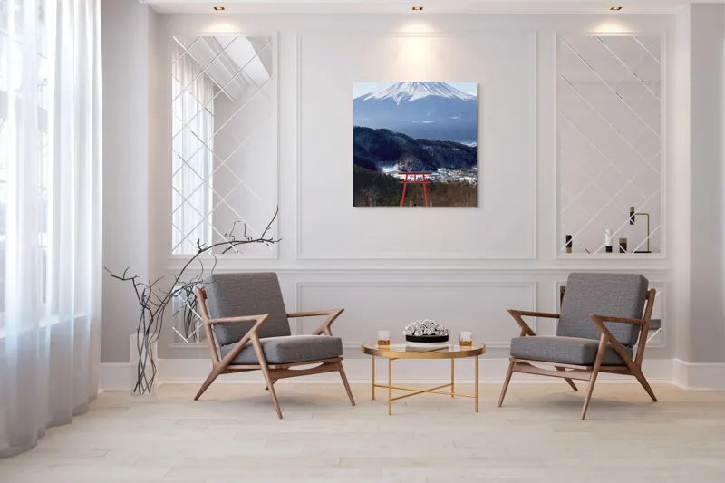 Tablou Canvas, "Admirând peisajul muntelui înzăpezit", Munte, Zăpadă, Torii, Persoană, Peisaj, Natură, Vedere, Iarnă, Liniște, Japonia, 100 x 100 cm – poza 7