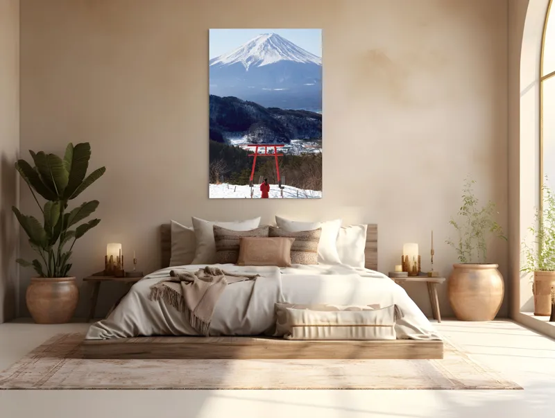 Tablou Canvas, "Admirând peisajul muntelui înzăpezit", Munte, Zăpadă, Torii, Persoană, Peisaj, Natură, Vedere, Iarnă, Liniște, Japonia, 100 x 150 cm – poza 3
