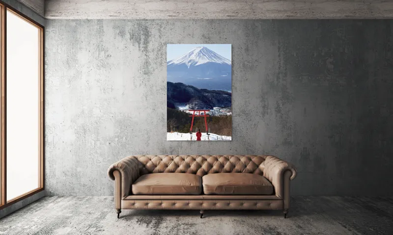 Tablou Canvas, "Admirând peisajul muntelui înzăpezit", Munte, Zăpadă, Torii, Persoană, Peisaj, Natură, Vedere, Iarnă, Liniște, Japonia, 100 x 150 cm – poza 6