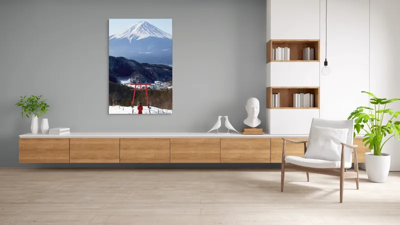 Tablou Canvas, "Admirând peisajul muntelui înzăpezit", Munte, Zăpadă, Torii, Persoană, Peisaj, Natură, Vedere, Iarnă, Liniște, Japonia, 100 x 150 cm – poza 8