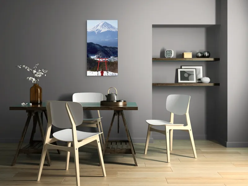 Tablou Canvas, "Admirând peisajul muntelui înzăpezit", Munte, Zăpadă, Torii, Persoană, Peisaj, Natură, Vedere, Iarnă, Liniște, Japonia, 50 x 90 cm – poza 4