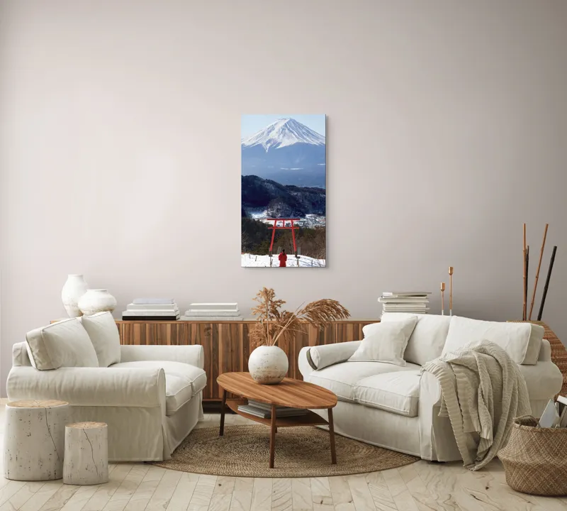 Tablou Canvas, "Admirând peisajul muntelui înzăpezit", Munte, Zăpadă, Torii, Persoană, Peisaj, Natură, Vedere, Iarnă, Liniște, Japonia, 50 x 90 cm – poza 7