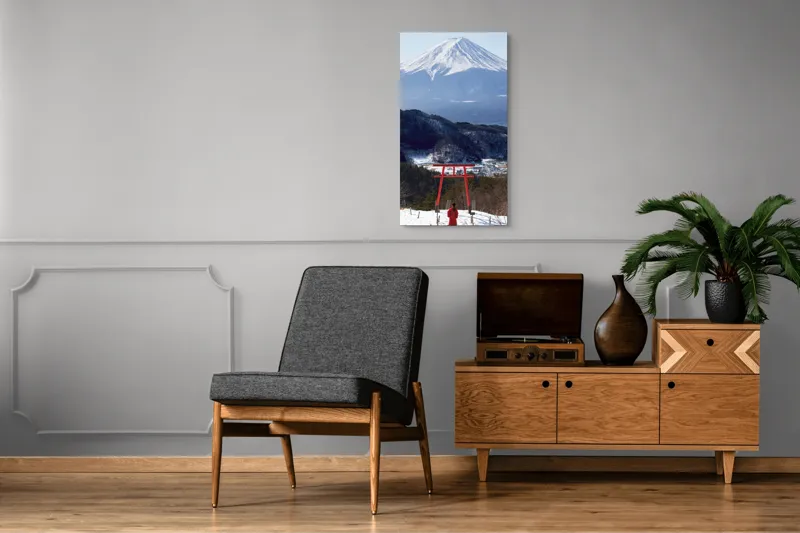 Tablou Canvas, "Admirând peisajul muntelui înzăpezit", Munte, Zăpadă, Torii, Persoană, Peisaj, Natură, Vedere, Iarnă, Liniște, Japonia, 50 x 90 cm – poza 8