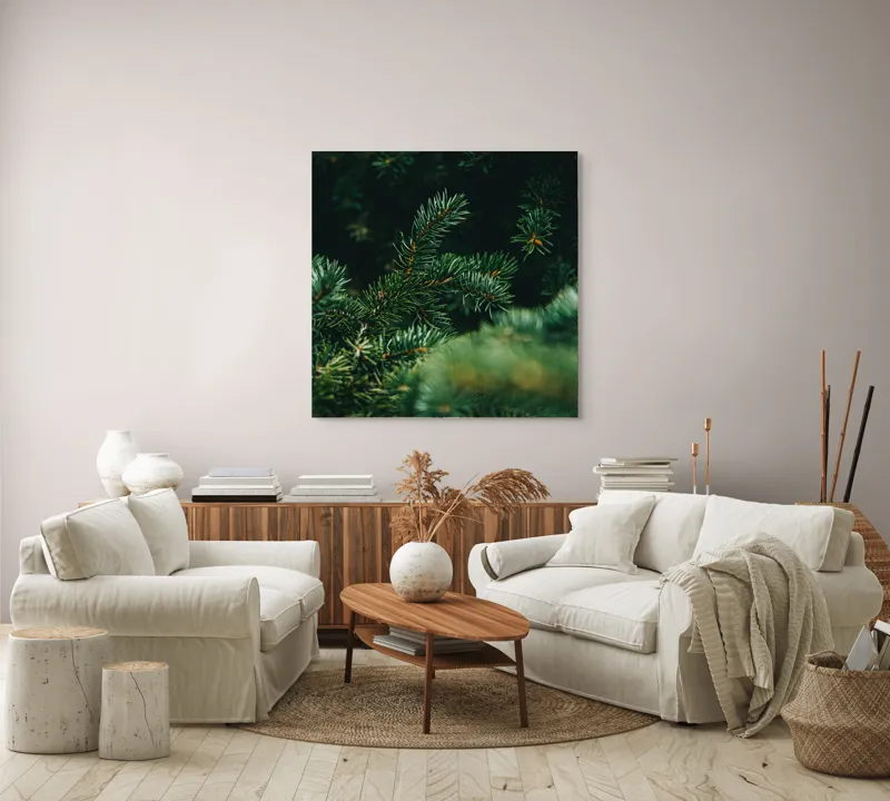 Tablou Canvas, "Verde în adâncul pădurii de conifere", Verde, Ace, Natură, Pini, Frunze, Întunecat, Ramuri, Textură, 100 x 100 cm – poza 3