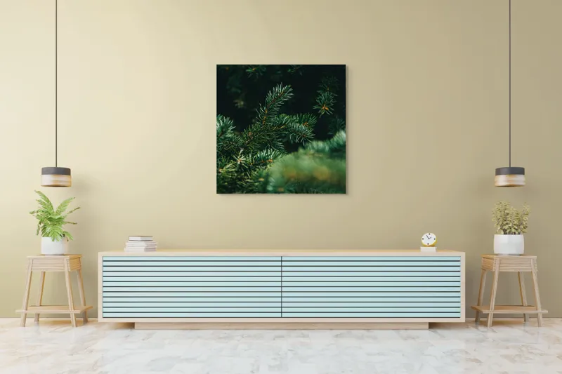Tablou Canvas, "Verde în adâncul pădurii de conifere", Verde, Ace, Natură, Pini, Frunze, Întunecat, Ramuri, Textură, 100 x 100 cm – poza 5