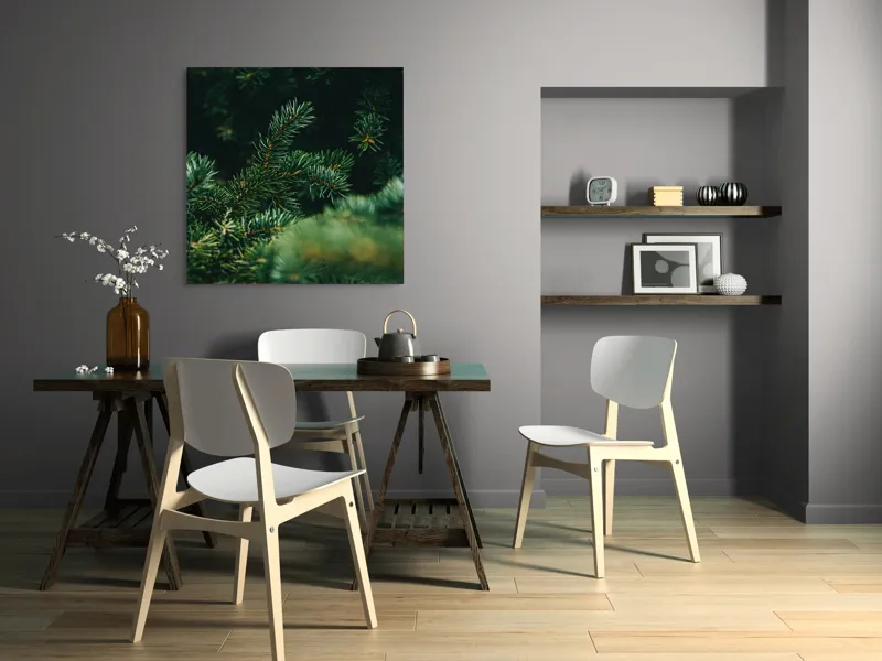 Tablou Canvas, "Verde în adâncul pădurii de conifere", Verde, Ace, Natură, Pini, Frunze, Întunecat, Ramuri, Textură, 100 x 100 cm – poza 6