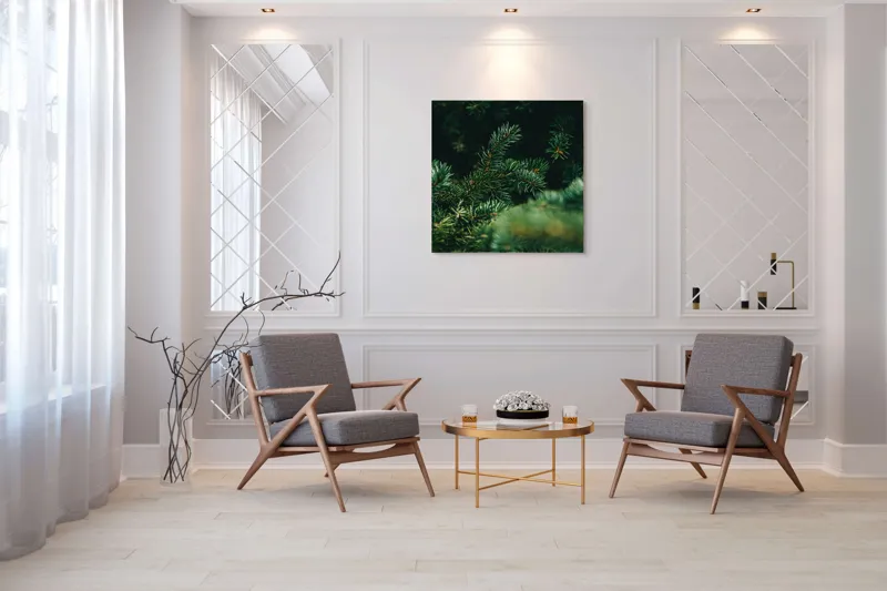 Tablou Canvas, "Verde în adâncul pădurii de conifere", Verde, Ace, Natură, Pini, Frunze, Întunecat, Ramuri, Textură, 100 x 100 cm – poza 7