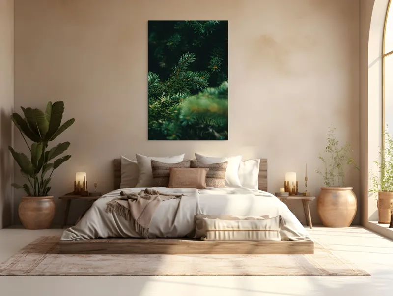 Tablou Canvas, "Verde în adâncul pădurii de conifere", Verde, Ace, Natură, Pini, Frunze, Întunecat, Ramuri, Textură, 100 x 150 cm – poza 3