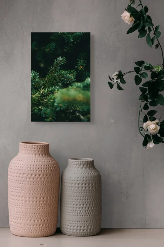 Tablou Canvas, "Verde în adâncul pădurii de conifere", Verde, Ace, Natură, Pini, Frunze, Întunecat, Ramuri, Textură, 26 x 39 cm – poza 6