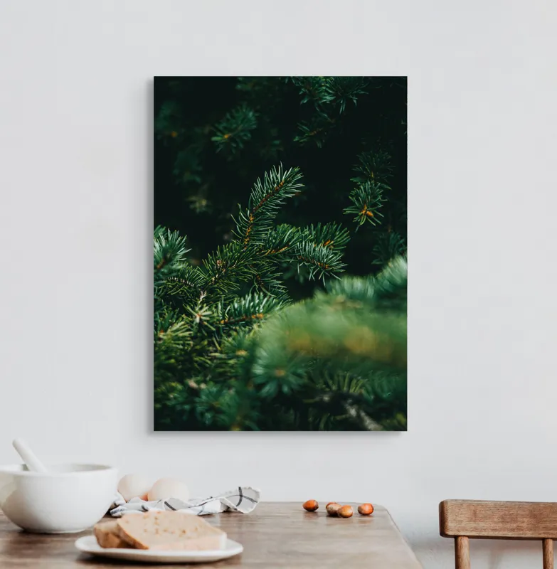 Tablou Canvas, "Verde în adâncul pădurii de conifere", Verde, Ace, Natură, Pini, Frunze, Întunecat, Ramuri, Textură, 50 x 70 cm – poza 3