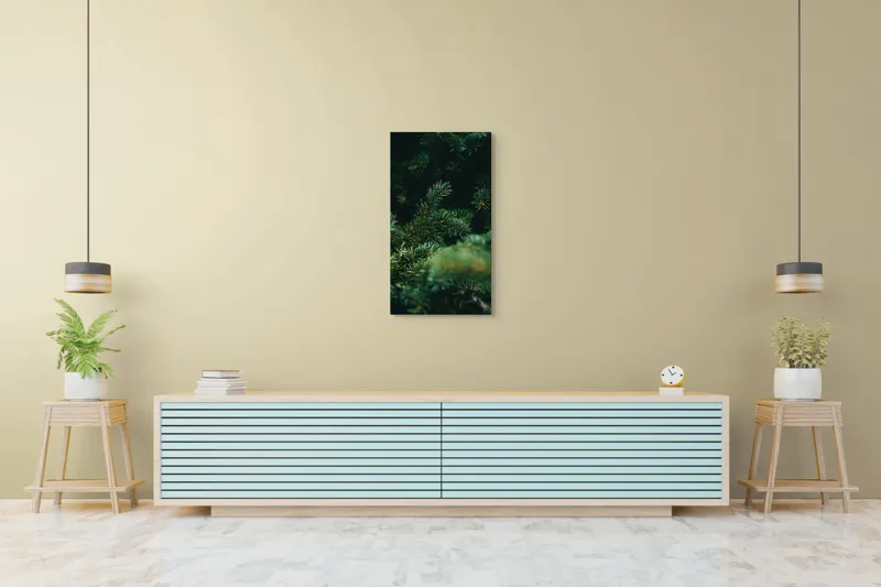 Tablou Canvas, "Verde în adâncul pădurii de conifere", Verde, Ace, Natură, Pini, Frunze, Întunecat, Ramuri, Textură, 50 x 90 cm – poza 6