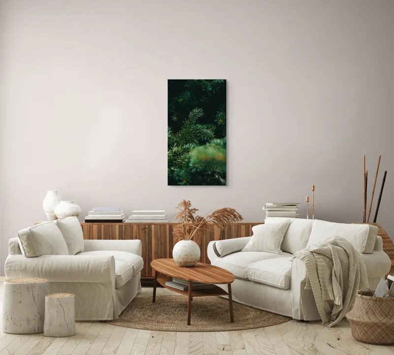 Tablou Canvas, "Verde în adâncul pădurii de conifere", Verde, Ace, Natură, Pini, Frunze, Întunecat, Ramuri, Textură, 50 x 90 cm – poza 7