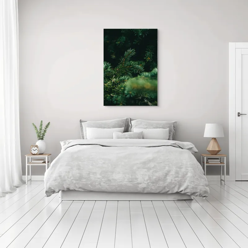 Tablou Canvas, "Verde în adâncul pădurii de conifere", Verde, Ace, Natură, Pini, Frunze, Întunecat, Ramuri, Textură, 70 x 100 cm – poza 3