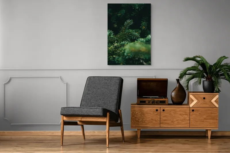 Tablou Canvas, "Verde în adâncul pădurii de conifere", Verde, Ace, Natură, Pini, Frunze, Întunecat, Ramuri, Textură, 70 x 100 cm – poza 6