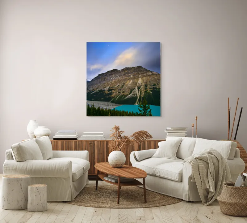 Tablou Canvas, "Priveliște spectaculoasă la apus montan", Munți, Cer, Nori, Lac, Păduri, Apus, Peisaj, Frumusețe, 100 x 100 cm – poza 3