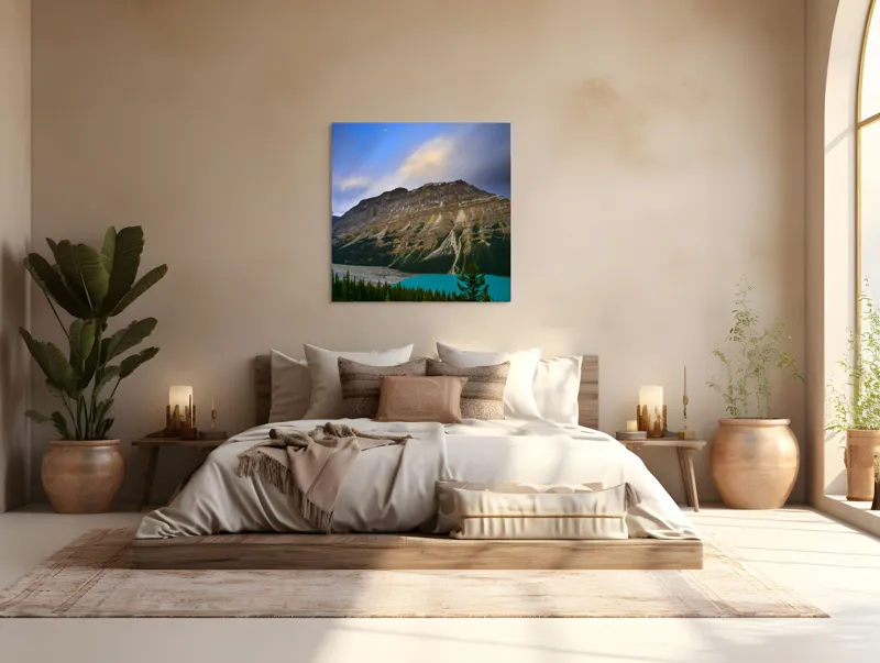 Tablou Canvas, "Priveliște spectaculoasă la apus montan", Munți, Cer, Nori, Lac, Păduri, Apus, Peisaj, Frumusețe, 100 x 100 cm – poza 4