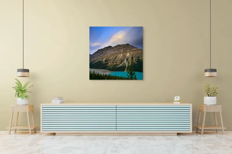 Tablou Canvas, "Priveliște spectaculoasă la apus montan", Munți, Cer, Nori, Lac, Păduri, Apus, Peisaj, Frumusețe, 100 x 100 cm – poza 5