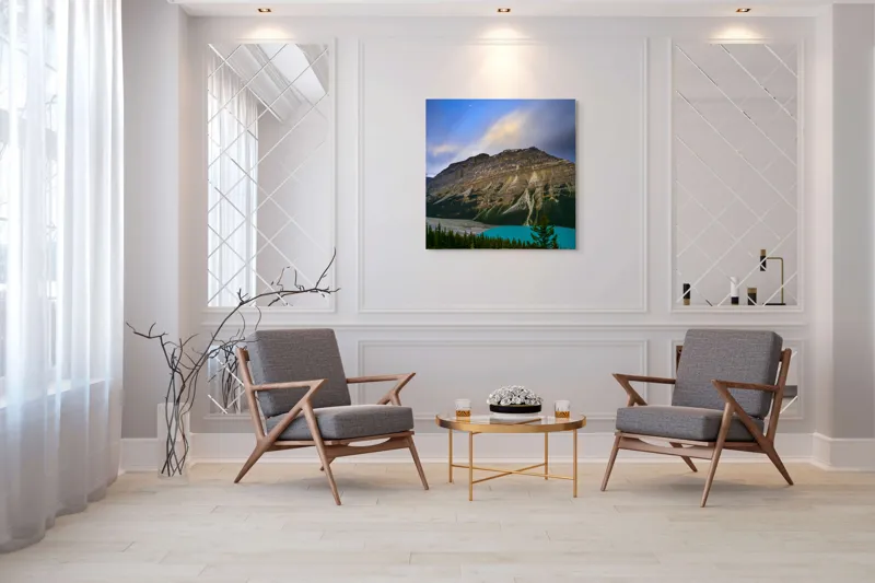 Tablou Canvas, "Priveliște spectaculoasă la apus montan", Munți, Cer, Nori, Lac, Păduri, Apus, Peisaj, Frumusețe, 100 x 100 cm – poza 7