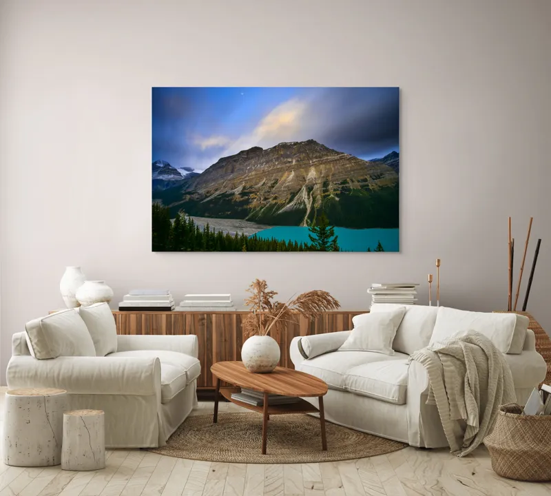 Tablou Canvas, "Priveliște spectaculoasă la apus montan", Munți, Cer, Nori, Lac, Păduri, Apus, Peisaj, Frumusețe, 150 x 100 cm – poza 3