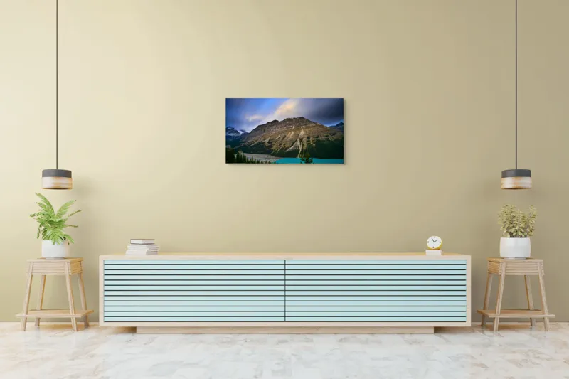 Tablou Canvas, "Priveliște spectaculoasă la apus montan", Munți, Cer, Nori, Lac, Păduri, Apus, Peisaj, Frumusețe, 90 x 50 cm – poza 5