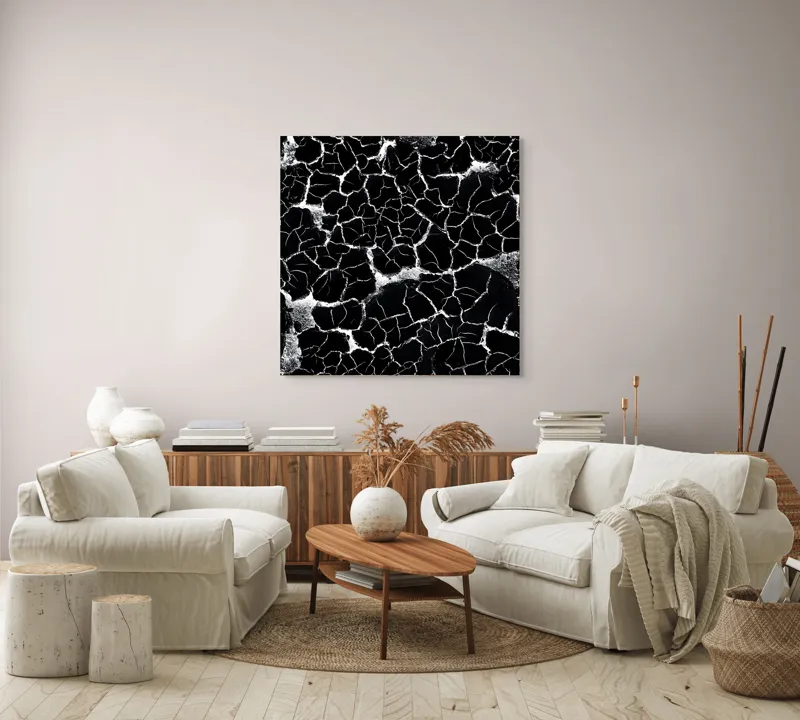Tablou Canvas, "Căutând apa în deșertul întunecat", Crăpături, Textură, Abstracție, Contraste, Monocrom, Impresionant, Fragilitate, Descompunere, Estetic, Natură, Geometric., 100 x 100 cm – poza 3