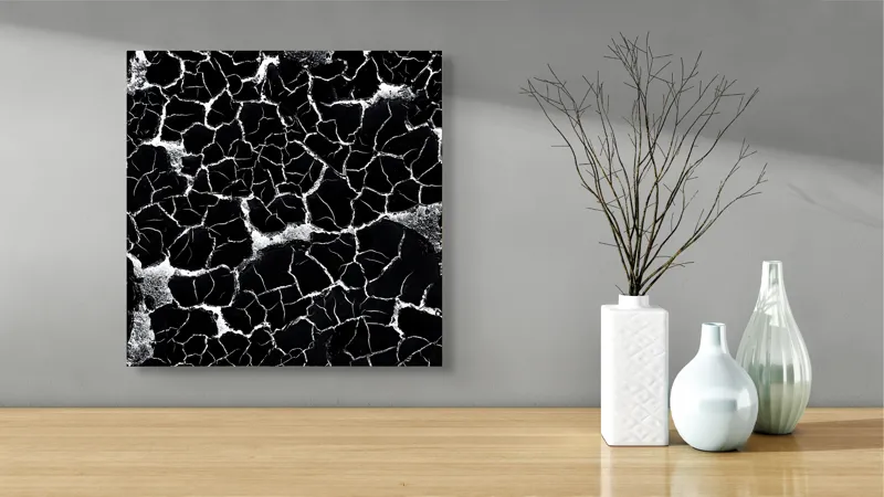 Tablou Canvas, "Căutând apa în deșertul întunecat", Crăpături, Textură, Abstracție, Contraste, Monocrom, Impresionant, Fragilitate, Descompunere, Estetic, Natură, Geometric., 50 x 50 cm – poza 3
