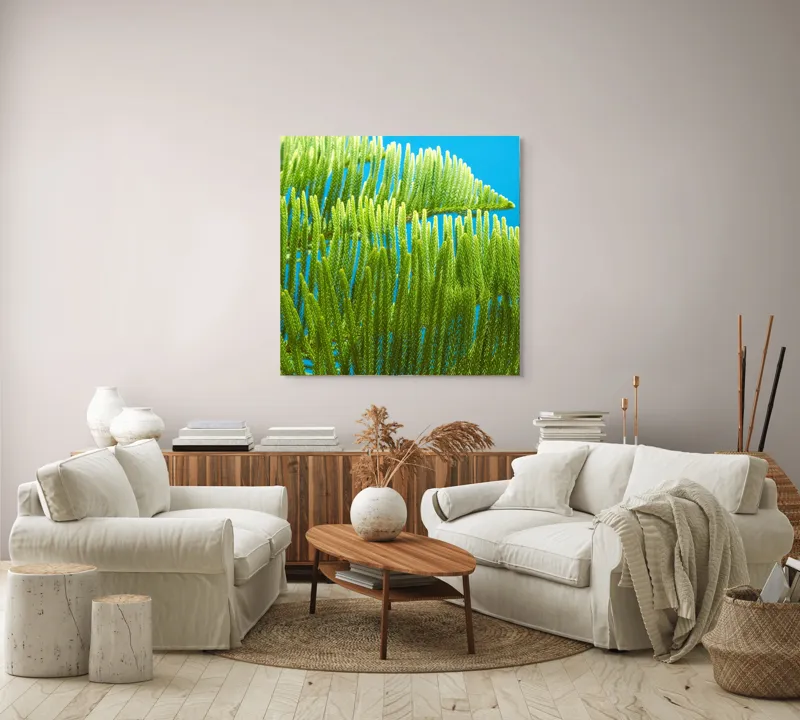 Tablou Canvas, "Dansul frunzelor sub cer senin", Frunze, Verde, Albastru, Contrast, Natură, Textură, Cer, Plante, Lumină, Ușurință, 100 x 100 cm – poza 3