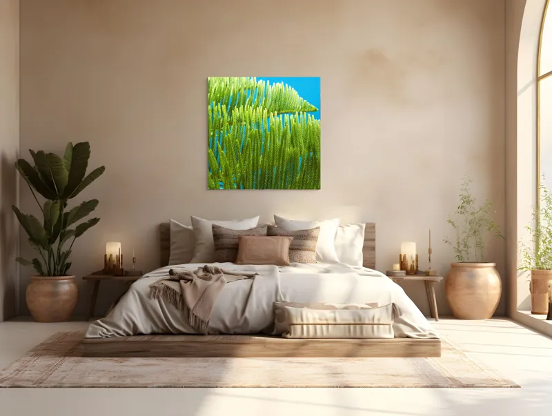 Tablou Canvas, "Dansul frunzelor sub cer senin", Frunze, Verde, Albastru, Contrast, Natură, Textură, Cer, Plante, Lumină, Ușurință, 100 x 100 cm – poza 4