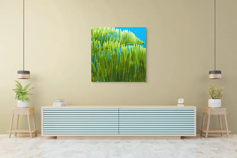 Tablou Canvas, "Dansul frunzelor sub cer senin", Frunze, Verde, Albastru, Contrast, Natură, Textură, Cer, Plante, Lumină, Ușurință, 100 x 100 cm – poza 5