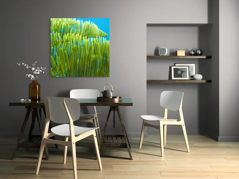 Tablou Canvas, "Dansul frunzelor sub cer senin", Frunze, Verde, Albastru, Contrast, Natură, Textură, Cer, Plante, Lumină, Ușurință, 100 x 100 cm – poza 6