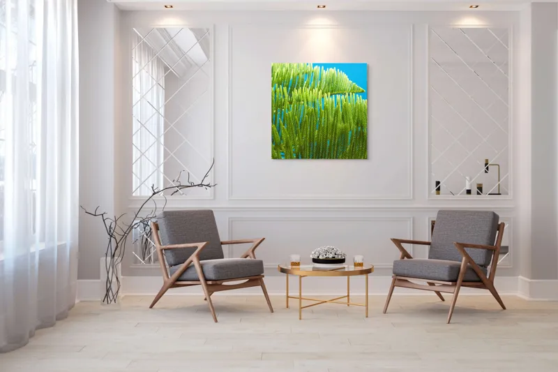Tablou Canvas, "Dansul frunzelor sub cer senin", Frunze, Verde, Albastru, Contrast, Natură, Textură, Cer, Plante, Lumină, Ușurință, 100 x 100 cm – poza 7