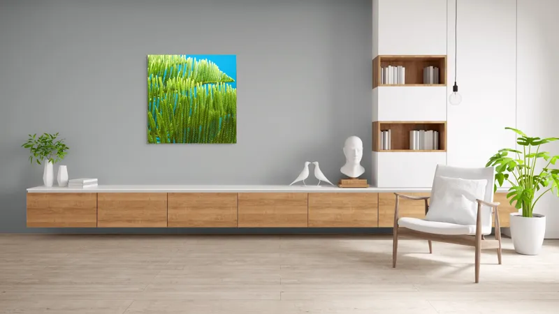 Tablou Canvas, "Dansul frunzelor sub cer senin", Frunze, Verde, Albastru, Contrast, Natură, Textură, Cer, Plante, Lumină, Ușurință, 100 x 100 cm – poza 8