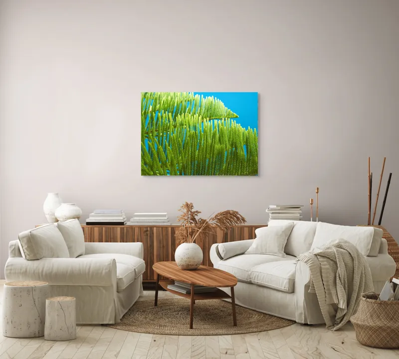 Tablou Canvas, "Dansul frunzelor sub cer senin", Frunze, Verde, Albastru, Contrast, Natură, Textură, Cer, Plante, Lumină, Ușurință, 100 x 70 cm – poza 3