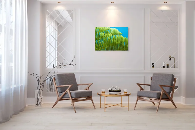 Tablou Canvas, "Dansul frunzelor sub cer senin", Frunze, Verde, Albastru, Contrast, Natură, Textură, Cer, Plante, Lumină, Ușurință, 100 x 70 cm – poza 5