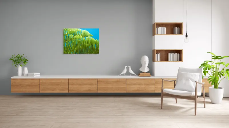 Tablou Canvas, "Dansul frunzelor sub cer senin", Frunze, Verde, Albastru, Contrast, Natură, Textură, Cer, Plante, Lumină, Ușurință, 100 x 70 cm – poza 6