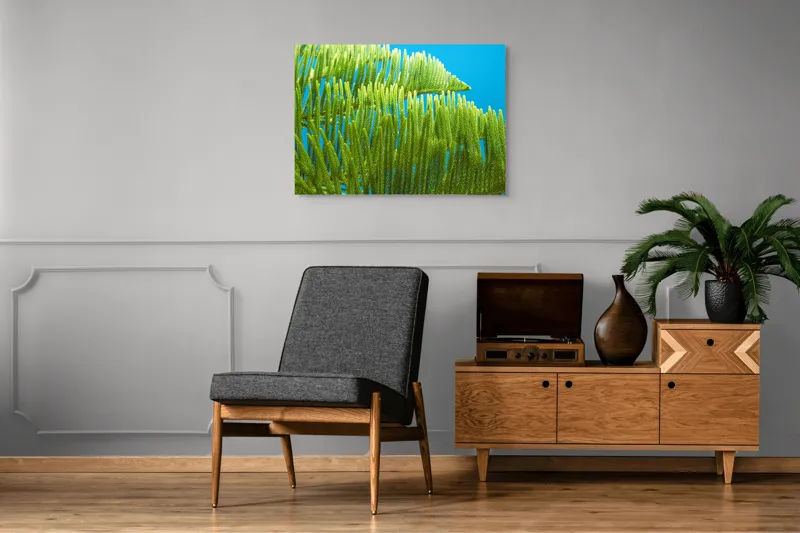 Tablou Canvas, "Dansul frunzelor sub cer senin", Frunze, Verde, Albastru, Contrast, Natură, Textură, Cer, Plante, Lumină, Ușurință, 100 x 70 cm – poza 8