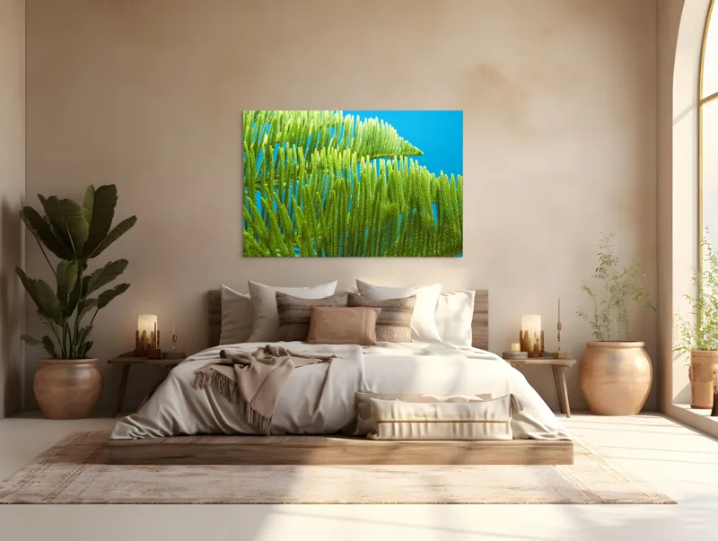 Tablou Canvas, "Dansul frunzelor sub cer senin", Frunze, Verde, Albastru, Contrast, Natură, Textură, Cer, Plante, Lumină, Ușurință, 150 x 100 cm – poza 4